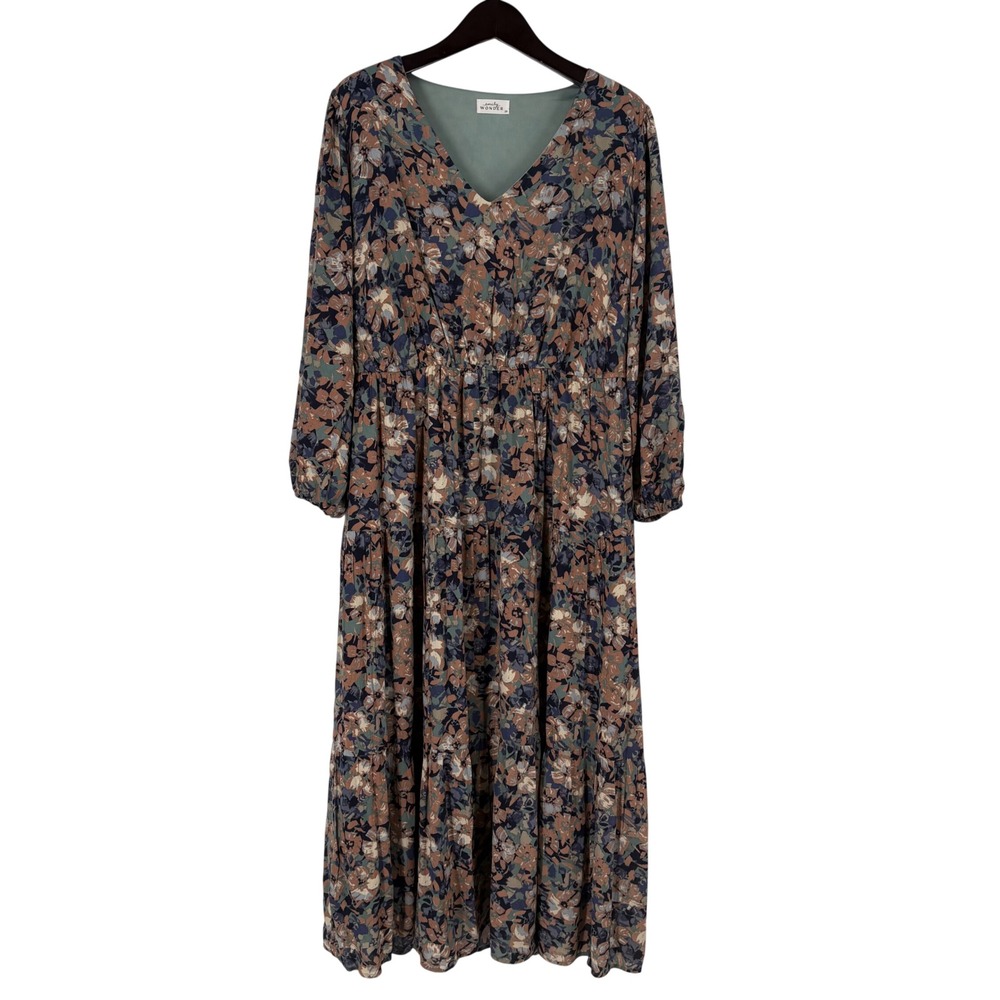 Emily Wonder Dark Floral Maxi Dress 2X V-Neck‎ Tiered Feminine Boho Stretch